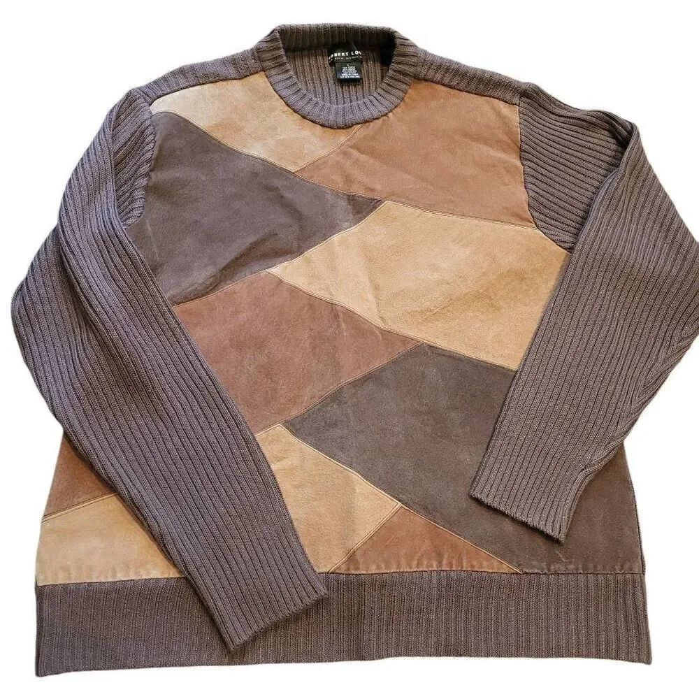 Vintage 1980s Robert Louis Sweater Men's Large Brown Ribbed Suede Colorblock